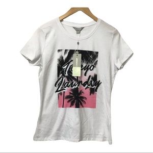 TOKYO LAUNDRY WHITE TEE AIRBRUSH PINK BLACK TROPICAL PALM TREE GRAPHIC TEE